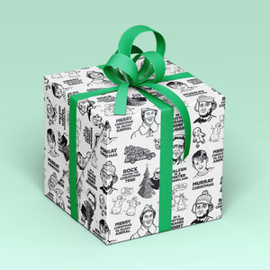 Gift wrapped box using Christmas wrapping paper and green ribbon