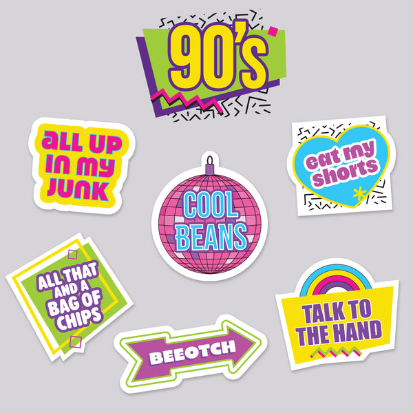 Set of retro-themed stickers with 90s slang phrases on a gray background