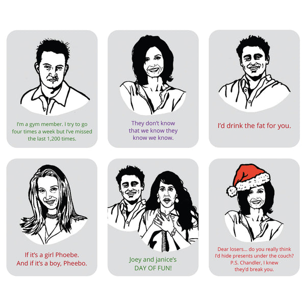 A set of six rectangular illustrations featuring black-and-white line drawings of characters from Friends, with humorous caption text underneath .