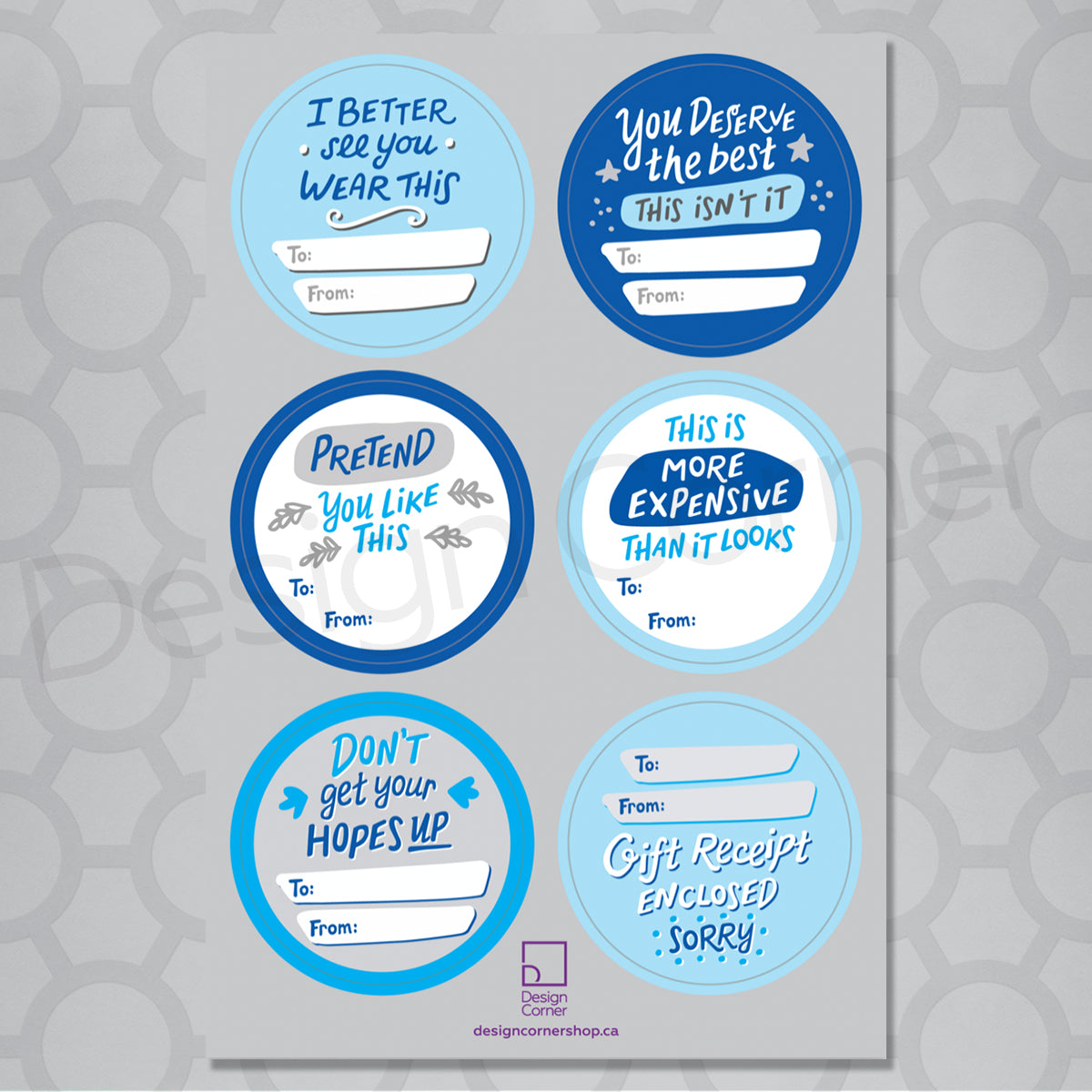 Funny Real Tags gift tags vinyl sticker sheet - BLUE SET