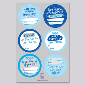 Funny Real Tags gift tags vinyl sticker sheet - BLUE SET