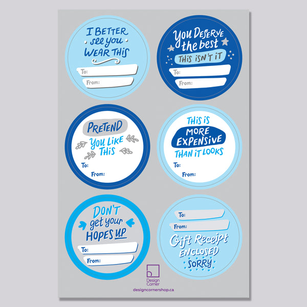 Funny Real Tags gift tags vinyl sticker sheet - BLUE SET