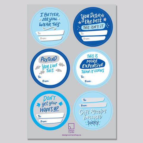 Funny Real Tags gift tags vinyl sticker sheet - BLUE SET
