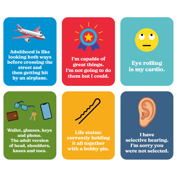 A set of six colorful square illustrations from a 2027 calendar arranged in a 2x3 grid on a white background. Each card has a different colored background and features a simple illustration and a humorous adult-related quote, such as 'Adulthood is like looking both ways before crossing the street and then getting hit by an airplane.