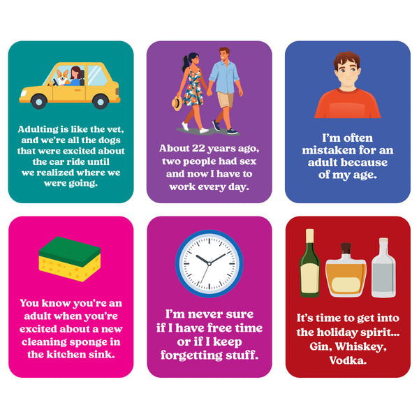 Six colorful square illustrations from a 2027 calendar arranged in a 2x3 grid on a white background, each with a different cartoon illustration and humorous text about adulthood.