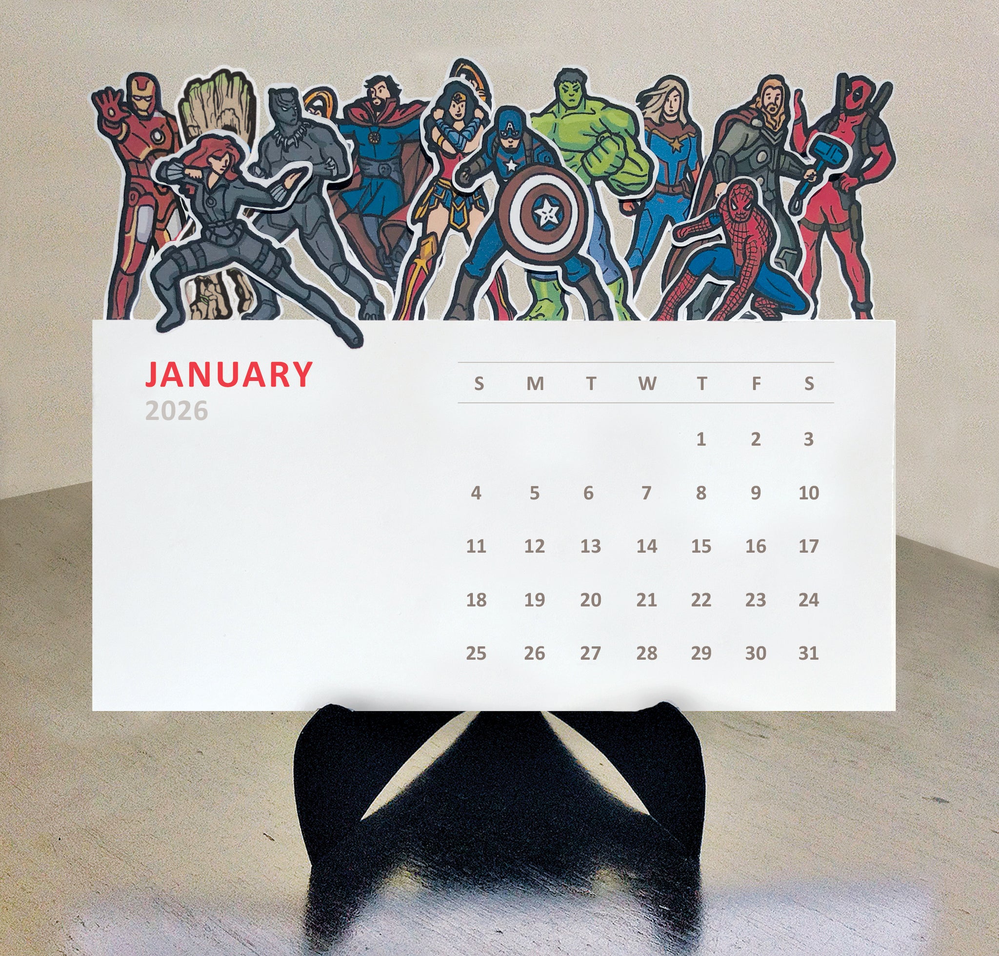 Superhero Die Cut 2026 Desk Calendar