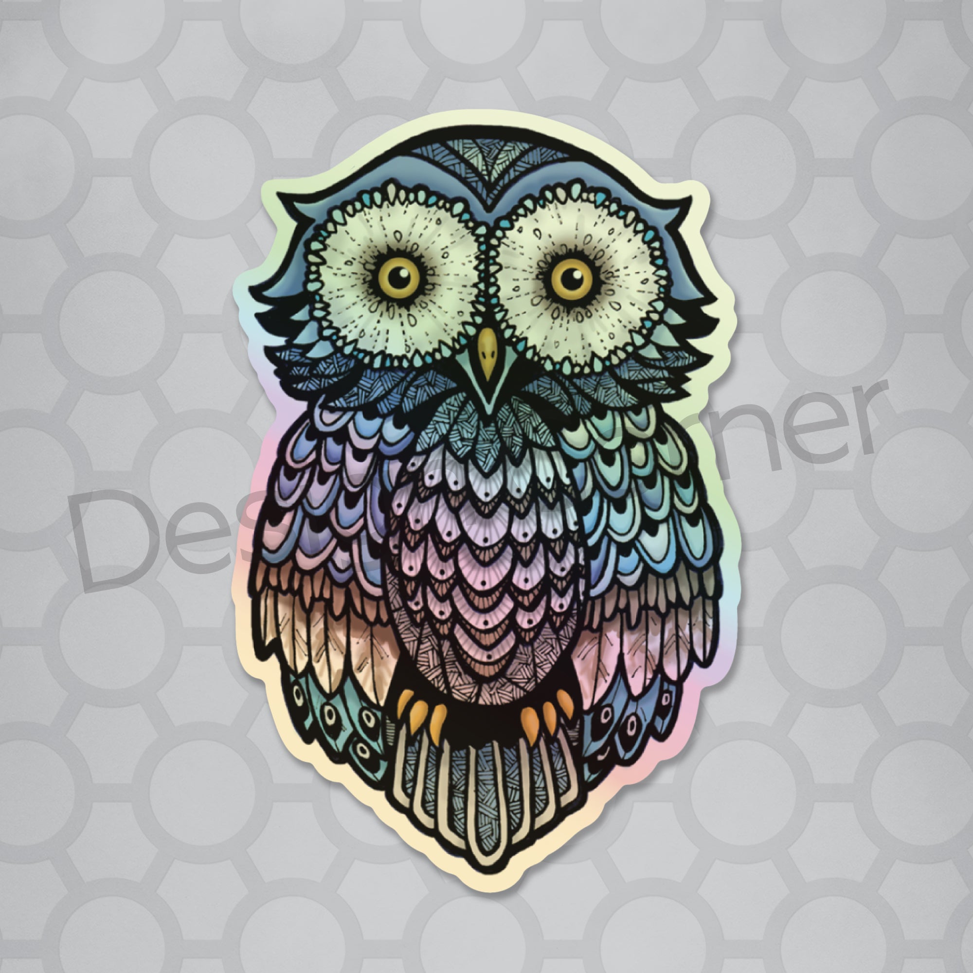 Owl illustrated vinyl die cut holographic sticker