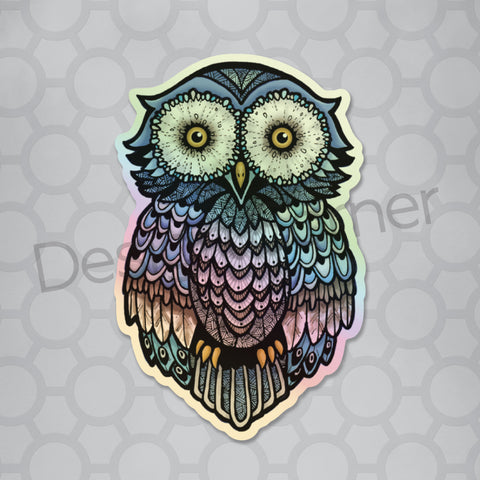 Owl illustrated vinyl die cut holographic sticker