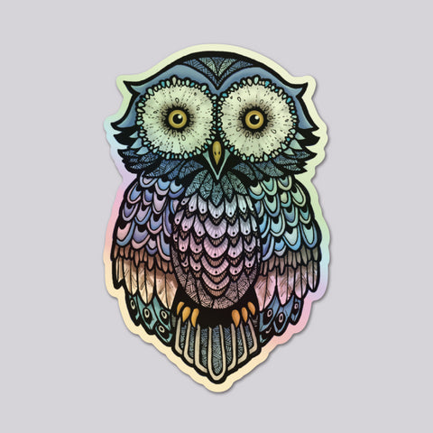 Owl illustrated vinyl die cut holographic sticker