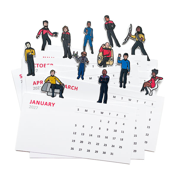 Illustrations of a variety of Star Trek characters on top of each monthly card shown as individual cards.