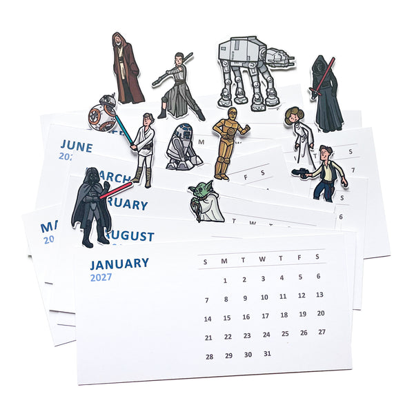 Illustrations of a variety of Star Wars characters on top of each monthly card shown on montly individual cards.