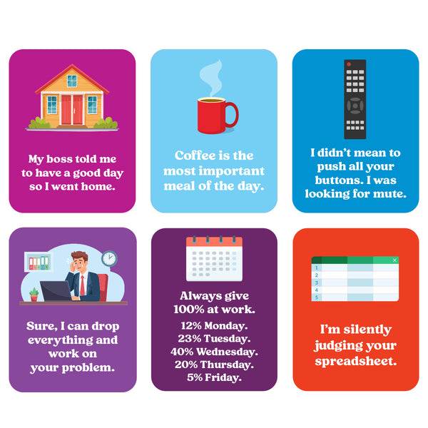A set of six colorful square illustrations from a 2027 adulting desk calendar arranged in a 2x3 grid on a white background. Each card has a different bright color and contains a simple illustration plus a humorous or witty text quote, such as 'My boss told me to have a good day so I went home. 