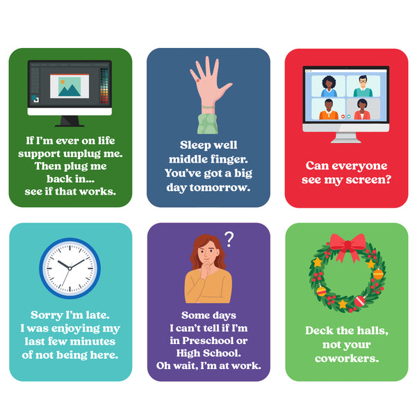 A set of six colorful square illustrations from a 2027 adulting desk calendar arranged in a 2x3 grid on a white background. Each card has a different illustration and a humorous quote: a green card with a computer monitor and text about unplugging; a blue card with a raised hand saying to sleep well tomorrow; a red card with a video call screen and text about seeing screens; a cyan card with a clock and text about being late; a purple card with a woman looking thoughtful and text about school