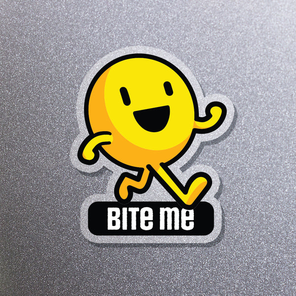 Yellow smiley face acrylic magnet with 'Bite Me' text on a gray background