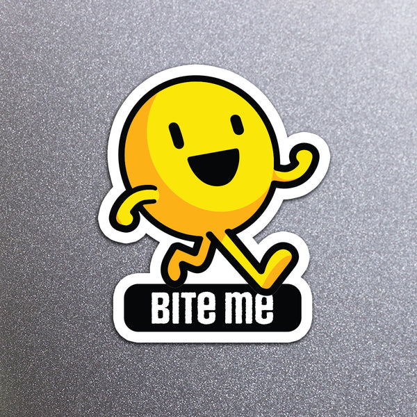 Magnet with a yellow smiley face character and 'Bite Me' text on a fridge background
