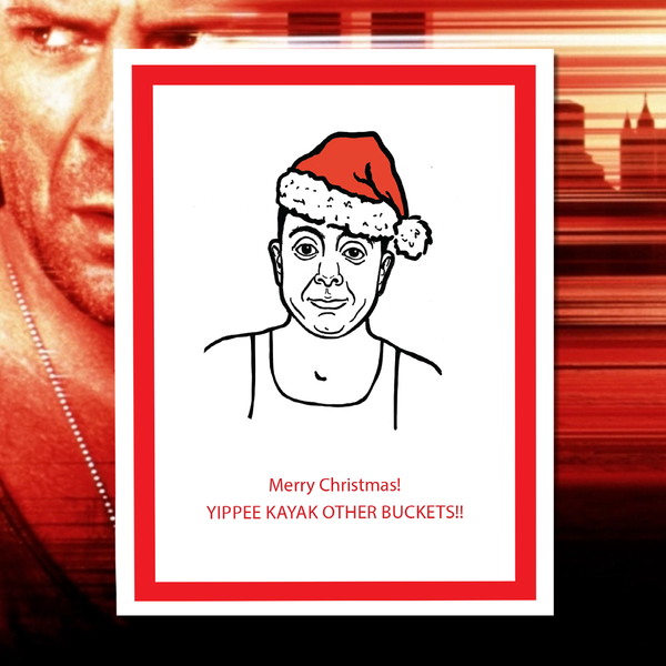 A Christmas greeting card featuring a black-and-white line drawing of Brooklyn Nine Nine's Boyle wearing a red Santa hat, with red text reading 'Merry Christmas! YIPPEE KAYAK OTHER BUCKETS!!' on a white card with a red border, shown against a red-toned background.