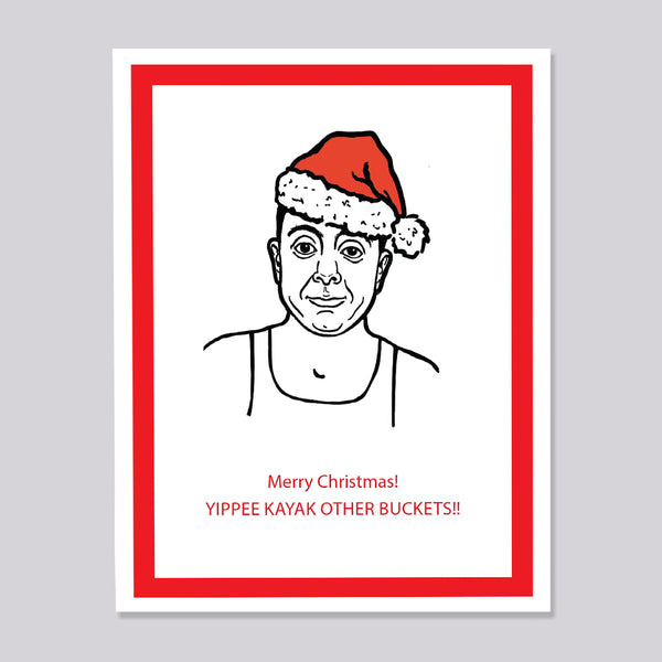 A Christmas greeting card featuring a black-and-white line drawing of Brooklyn Nine Nine's Boyle wearing a red Santa hat, with red text reading 'Merry Christmas! YIPPEE KAYAK OTHER BUCKETS!!' on a white card with a red border, shown against a light gray background.