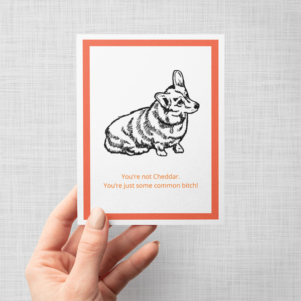 A hand holding a greeting card featuring a black and white illustration of Brooklyn Nine Nine's cheddar dog with text'You're not Cheddar. You're just some common bitch!'