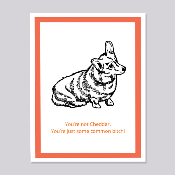 A greeting card featuring a black and white illustration of Brooklyn Nine Nine's cheddar dog with text'You're not Cheddar. You're just some common bitch!'