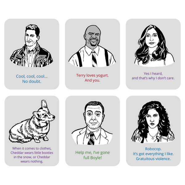 A 2x3 grid of six illustrations of characters from brooklyn nine nine on a white background from a 2027 desk calendar. 