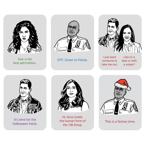 A 2x3 grid of six illustrations of characters from brooklyn nine nine on a white background from a 2027 desk calendar. 