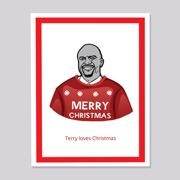 A Christmas greeting card featuring an illustration of Brooklyn Nine Nine's Terry wearing a red sweater with snowflakes and the words 'MERRY CHRISTMAS'. Below the illustration, the text reads 'Terry loves Christmas'.
