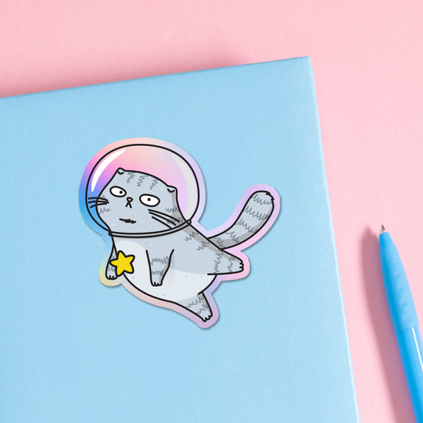 Space Cat Illustrated Cute Vinyl Die Cut Holographic Sticker