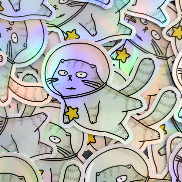 Space Cat Illustrated Cute Vinyl Die Cut Holographic Sticker