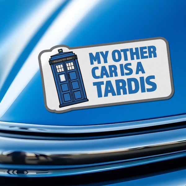A Doctor Who bumper sticker with a blue tardis and text 'my other car is a tardis' on a blue car background.