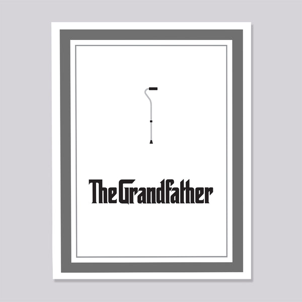 Greeting card with cane illustration and text 'The Grandfather' on a gray background