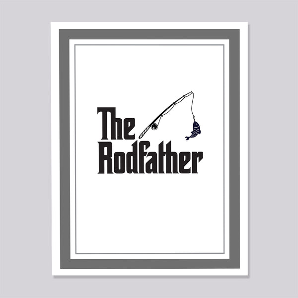 Greeting card with fishing pole and fish illustration and text 'The Rodfather' on a gray background