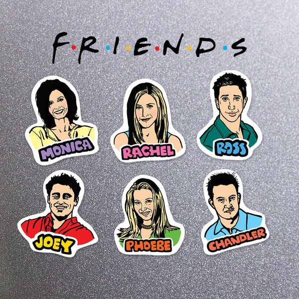Magnet set of 'Friends' characters including Ross, Rachel, Monica, Phoebe, Joey and Chandler on a metal background