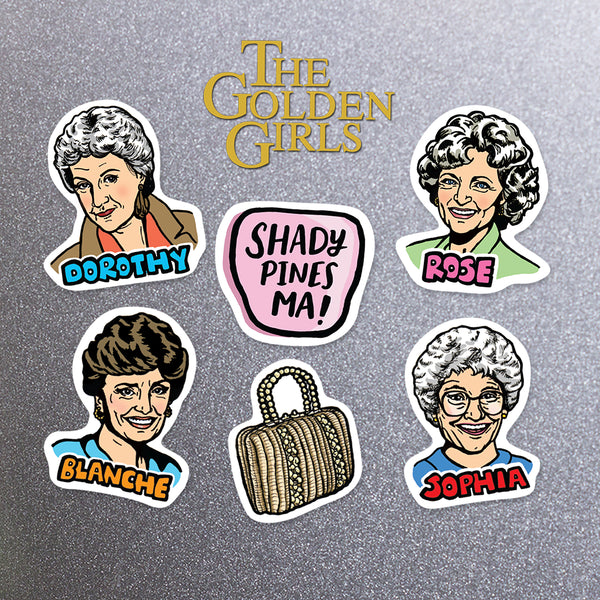 Magnet set featuring characters from 'The Golden Girls' including Dorothy, Rose, Blanche and Sophia along with 'Shady Pines Ma!' and Sophia's purse on a metal background
