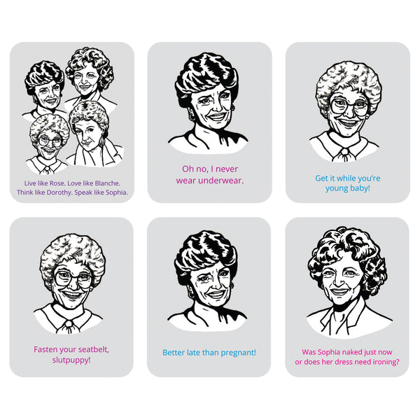 Six square printed cards arranged in a 2x3 grid on a white background. Each card has black line-art portraits of the Golden Girls characters with humorous sayings.