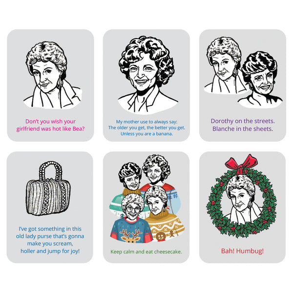 Six square printed cards arranged in a 2x3 grid on a white background. Each card has black line-art portraits of the Golden Girls characters with humorous sayings.