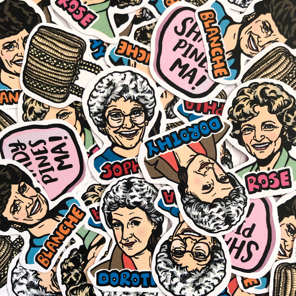 Collection of stickers featuring characters from the Golden Girls with colorful text and graphics.