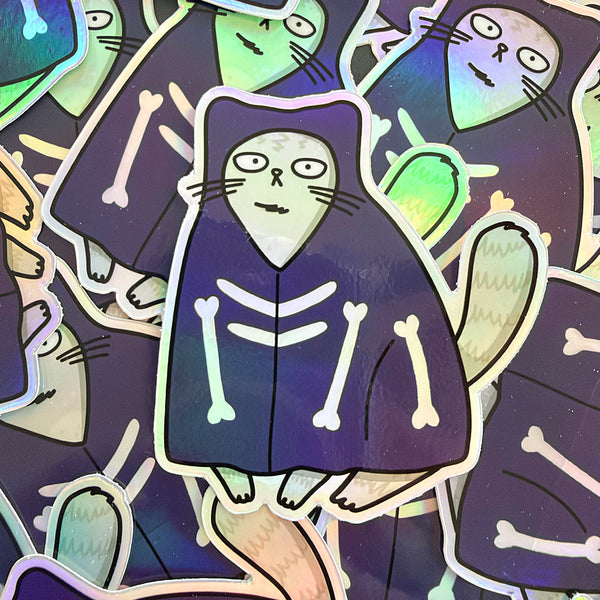 Halloween Skeleton Cat vinyl die cut illustrated holographic sticker