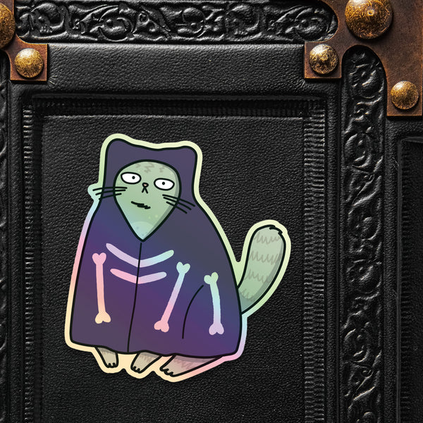 Halloween Skeleton Cat vinyl die cut illustrated holographic sticker