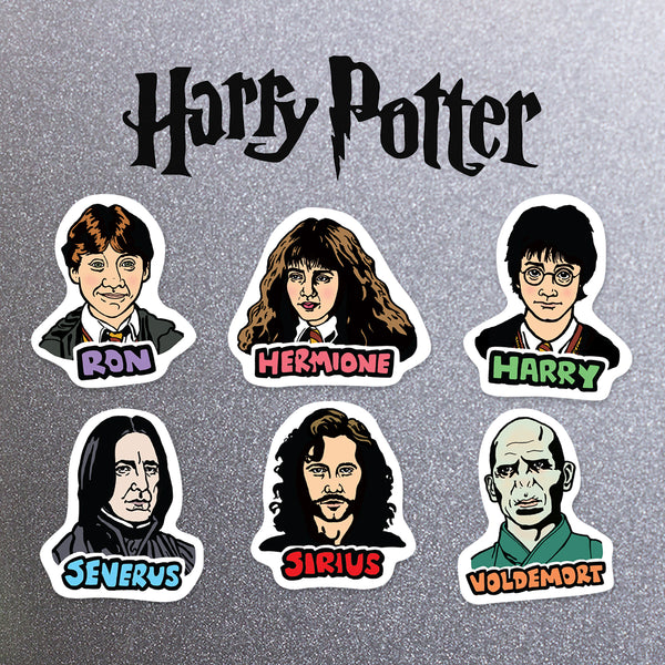 Set of 'Harry Potter' character magnets including Ron, Hermoine, Harry Potter, Severus Snape, Sirius Black and Lord Voldemort on a metal background