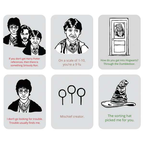 A set of six Harry Potter-themed square illustrations on a white background. Each card features humorous quotes related to Hogwarts, including Harry Potter, Sirius Black, the Sorting Hat, and Dumbledoor.