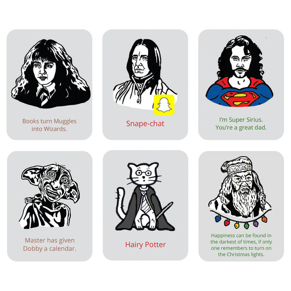 A set of six Harry Potter-themed square illustrations on a white background. Each card features humorous quotes related to Hogwarts, including Hermoine, sirius black, Snape, dobby and Dumbledore.