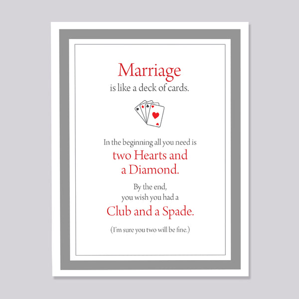 Greeting card with text 'Marriage is like a deck of cards. In the beginning all you need is to hearts and a diamond. By the end, you wish you had a club and a space. I'm sure you two will be fine'