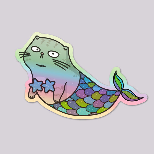 Mermaid Cat vinyl die cut illustrated holographic sticker