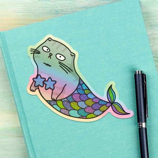 Mermaid Cat vinyl die cut illustrated holographic sticker