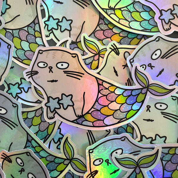 Mermaid Cat vinyl die cut illustrated holographic sticker