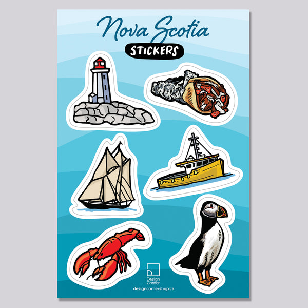 A collection of die cut vinyl illustrated stickers featuring iconic symbols of Nova Scotia such as a lobster, a lighthouse, a fishing boat, a puffin, a donair and the bluenose.