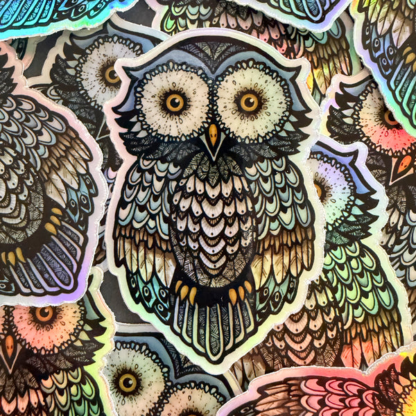 Owl illustrated vinyl die cut holographic sticker
