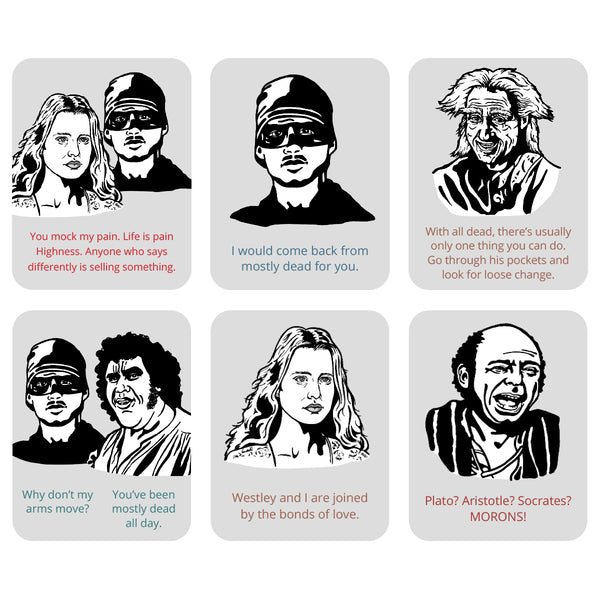 A 3x2 grid of six illustrations from a 2027 Princess Bride calendar with black-and-white portraits of characters from the movie.