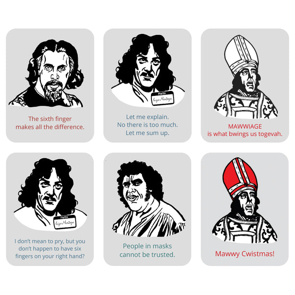 A 3x2 grid of six illustrations from a 2027 Princess Bride calendar with black-and-white portraits of characters from the movie.