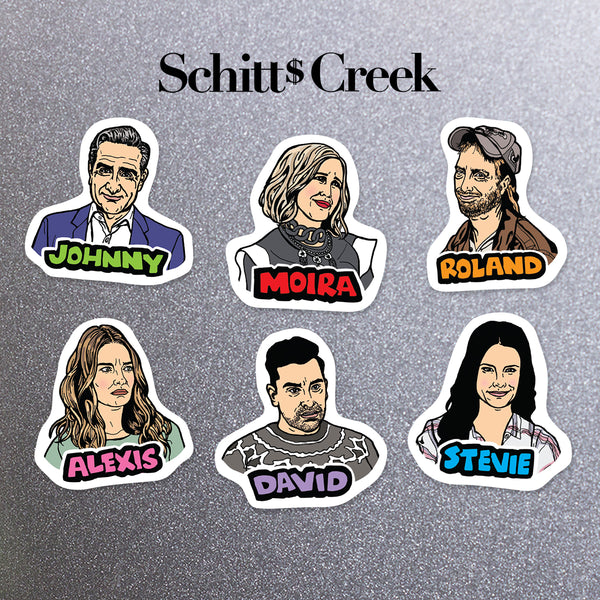 Schitts Creek character magnets incluing Johnny rose, Moira Rose, Roland, Alexis Rose, David Rose and Stevie on a metal background